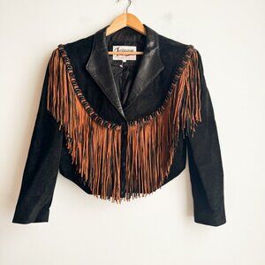 Vintage Diamond Leather Cropped Fringe Black Brown Suede Jacket L